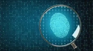 Digital forensics concept showing a fingerprint under a magnifying glass with binary code