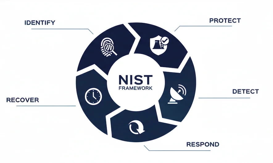 NIST Cybersecurity Framework showing the five core functions: Identify, Protect, Detect, Respond, and Recover
